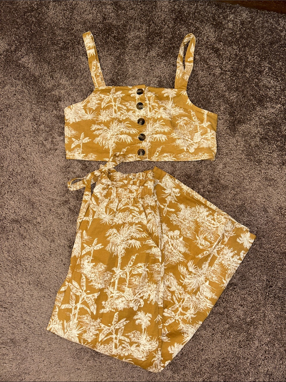 American Eagle mustard yellow palm leaf crop top & wide leg pants matching set